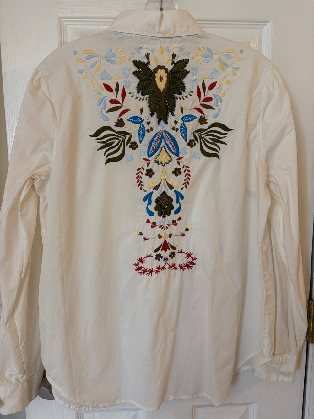 Pilcro White Button-Down Shirt with Multicolor Embroidered Back